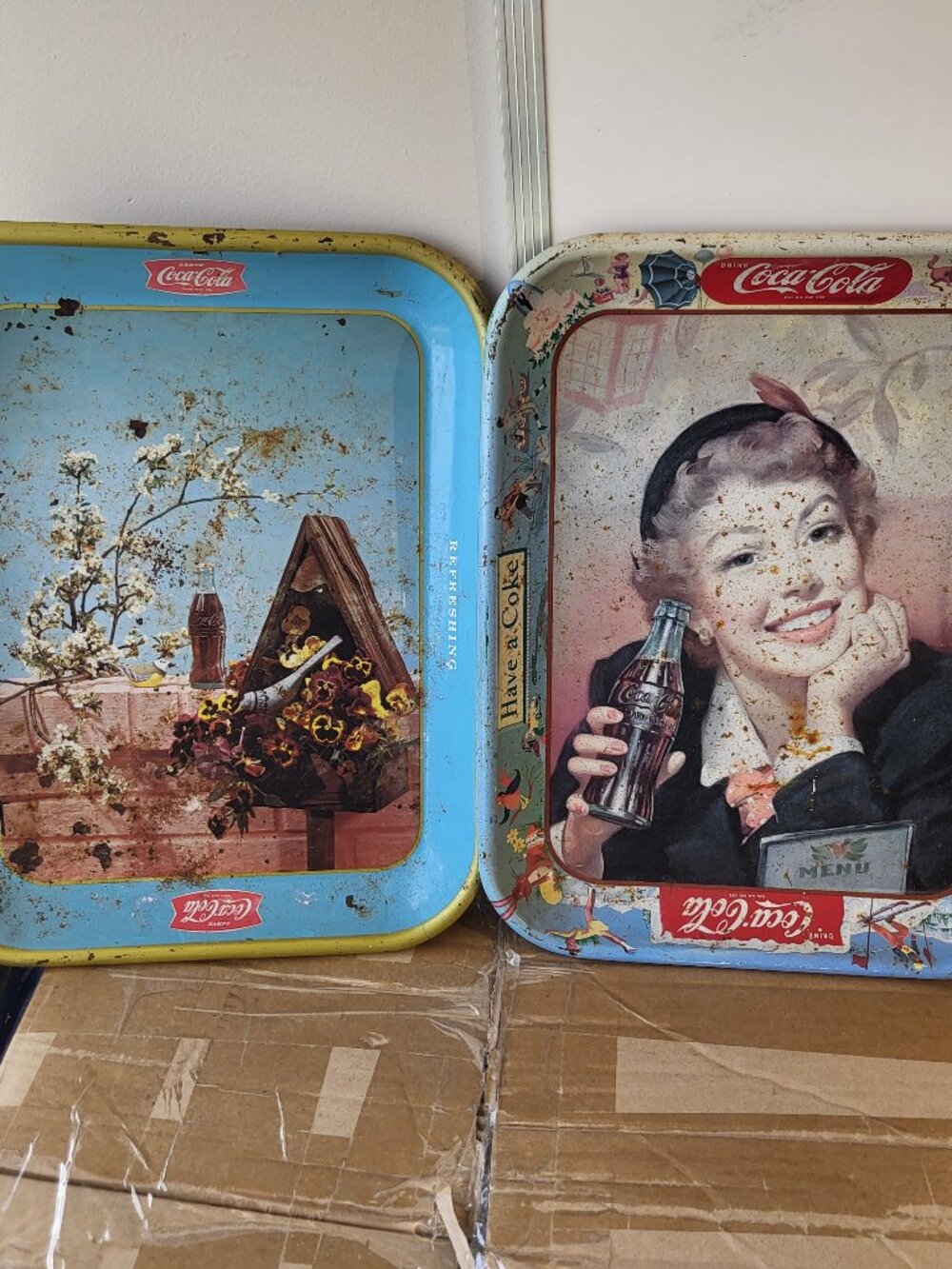 2-Vintage Metal Coca-Cola Serving trays 50's "the menu girl" + rare "bird house"